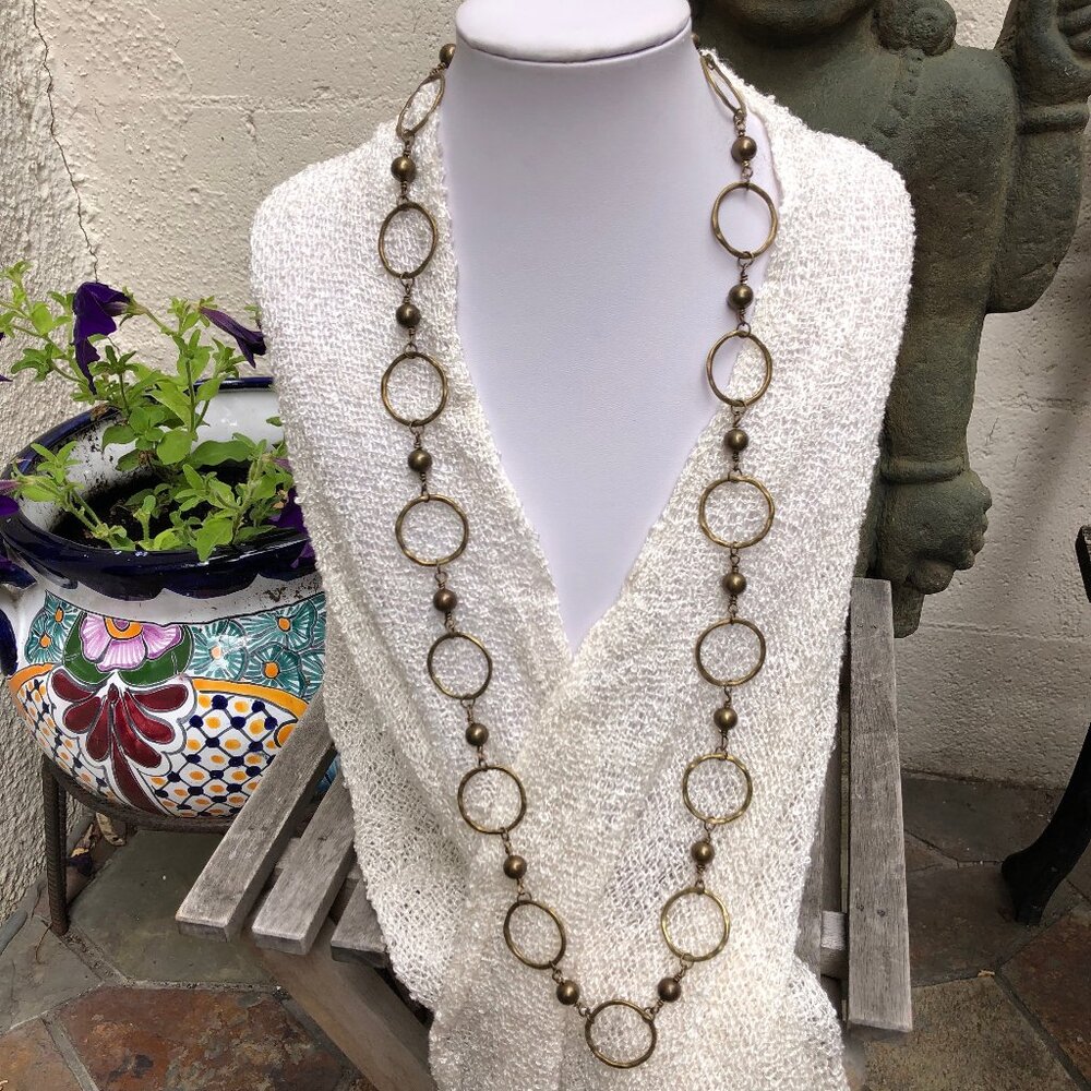 Hammered circle rings long chain in antique bronze